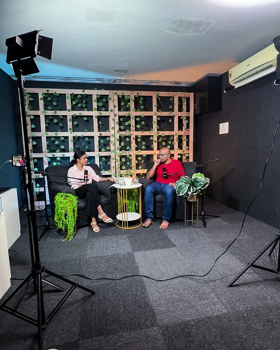 Two-person podcast setup