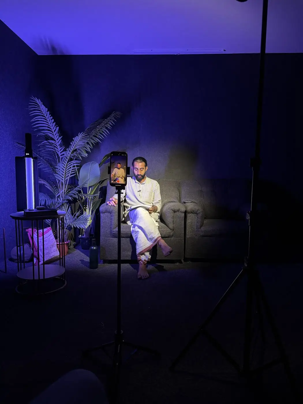 Monologue video under blue ambient light